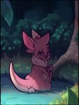 anthro butt detailed_background forest fur grass leaf looking_at_viewer looking_back looking_back_at_viewer outside partially_submerged pink_body pink_eyes pink_fur plant pond rainig raining shrub solo tree water wings year yurusa fruit_slice_(yurusa) bat mammal 2022 3:4 absurd_res hi_res signature