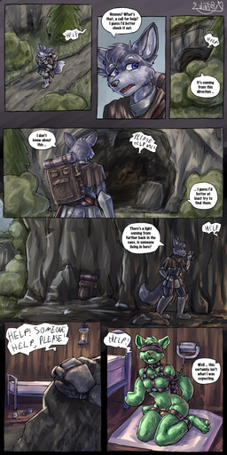 anthro armbinder armor backpack bdsm binder_(restraint) black_nose blindfold blue_eyes bondage bondage_gear bound cave chain chained chastity_cage chastity_device clothing collar day dialogue eyebrows fur green_body green_fur grey_body grey_fur grey_hair hair harness kneeling male nude open_mouth outside restraints shirt short_hair solo speech_bubble teeth text tongue topwear aliaspseudonym canid canine canis mammal wolf 2026 absurd_res comic english_text hi_res