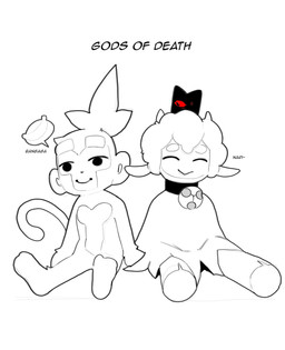 anthro bell bell_collar clothed clothing collar duo eyes_closed male simple_background sitting smile white_background sincastermon bloons_tower_defense cult_of_the_lamb massive_monster_(studio) ninja_kiwi druid_(bloons) lamb_(cult_of_the_lamb) red_crown_(cult_of_the_lamb) bovid caprine haplorhine mammal monkey primate sheep hi_res