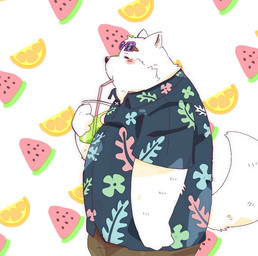 anthro belly big_belly black_nose blush bottomwear clothing drinking eyes_closed eyewear eyewear_on_head food fruit fur kemono male melon overweight overweight_male plant shirt shorts solo sunglasses sunglasses_on_head topwear tropical watermelon watermelon_slice white_body white_fur ginsingoo1 canid canine canis domestic_dog mammal 2022
