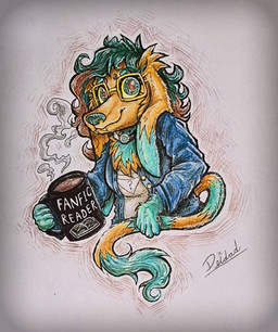 anthro beverage clothed clothing coffee coffee_mug container cup curly_hair eyewear fangs fur glasses hair holding_container holding_cup holding_mug holding_object jacket jewelry long_ears mug necklace orange_body smile solo teal_body teal_fur teeth text_on_mug topwear deidad_dissitum leyki canid canine canis domestic_dog mammal hi_res traditional_media_(artwork)
