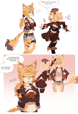 accessory anthro blonde_hair blush blush_stickers bottomwear breasts cleavage cleavage_cutout clothed clothing collar crop_top crossed_arms cutout dialogue duo ear_tuft ellipsis eyes_closed eyewear eyewear_on_head female female/female fingerless_gloves flashback footwear fur fur_tuft gloves green_eyes hair hair_accessory hands_on_hips handwear headpat heart_symbol high_heels inner_ear_fluff jacket leather leather_clothing leather_jacket leather_topwear legwear midriff navel neck_tuft no_sclera petting pigtails shirt shoes shorts simple_background size_difference skirt speech_bubble startled sunglasses sunglasses_on_head surprised tail text thigh_highs thigh_pouch topwear tube_top tuft twintails_(hairstyle) wearing_sunglasses white_body yellow_body yellow_fur mangedugruau mihoyo zenless_zone_zero burnice_white pulchra_fellini felid feline human mammal thiren 2025 absurd_res comic digital_media_(artwork) english_text hi_res