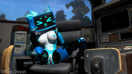 anthro anus blue_body blue_eyes breasts chair female furniture genitals machine office_chair screen screen_face sitting solo spread_legs spread_vulva spreading vulva office_depot_(artist) voices_of_the_void kerfur_omega_(votv) robot hi_res