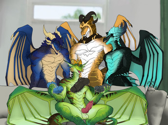 balls beard black_body black_penis blue_body bodily_fluids erection facial_hair furniture genital_fluids genitals green_body group hair horn inside knot male membrane_(anatomy) membranous_wings multicolored_body penis penis_on_shoulder precum sitting size_difference sofa tongue tongue_out two_tone_body wings glhiro blizzard_entertainment european_mythology mythology warcraft dracthyr dragon mythological_creature mythological_scalie scalie western_dragon hi_res