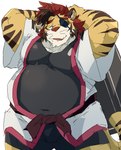 anthro belly big_belly biped bottomwear clothing eye_patch eyewear kemono male overweight overweight_male shorts simple_background solo white_background train_(artist) seventh_heim felid mammal pantherine tiger 2022 hi_res