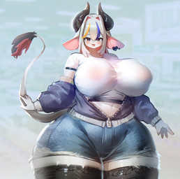 anthro areola big_breasts biped blue_eyes blush boots bottomwear breasts clothing crop_top curvy_figure denim denim_bottomwear denim_clothing ear_piercing female floppy_ears footwear hair hand_on_tail heart_symbol highlights_(coloring) horn huge_breasts huge_thighs jacket jeans legwear looking_at_viewer midriff navel nipple_outline nipples_visible_through_clothing open_mouth open_smile pants piercing pink_areola raised_tail shirt shoes smile solo tail tail_tuft thick_thighs thigh_boots thigh_highs topwear translucent translucent_clothing tuft voluptuous white_body white_hair wide_hips utterangle bovid bovine mammal 2022 portrait three-quarter_portrait
