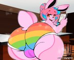 anthro big_butt bottomwear bulge butt clothing femboy hair huge_butt male pink_body pink_hair shorts smile solo thick_thighs jayjaycholo jay_(jayjaycholo) lagomorph leporid mammal rabbit absurd_res hi_res