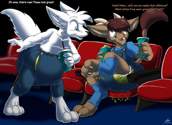 4_fingers 4_toes accident ankle_socks anthro beverage blue_clothing blue_eyes blue_shirt blue_topwear bodily_fluids bottomwear brown_body brown_eyes brown_fur brown_text clothed clothing container cup denim denim_bottomwear denim_clothing dialogue diaper diaper_peekage diaper_under_clothing digitigrade duo feces feet fingers food footwear fur genital_fluids hair incontinence jeans male maroon_fur maroon_hair muscular muscular_anthro muscular_male one_leg_up onomatopoeia overalls pants pantsless peeing pooping popcorn raised_leg raised_tail shirt shirtless simple_background sitting smile socks soiled_diaper soiling soiling_diaper sound_effects standing tail text theater toes topwear unclean_diaper urine used_diaper using_diaper wearing_diaper wet_diaper wetting wetting_diaper white_body white_fur white_hair white_text catmonkshiro mythology artie starbuck arctic_fox canid canine dragon fox furred_dragon furred_scalie mammal mythological_creature mythological_scalie scalie true_fox english_text signature