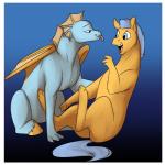 blue_hair border duo female feral gradient_background hair hooves male membrane_(anatomy) membranous_wings simple_background tongue tongue_out white_border wings yellow_hooves foxenawolf goldfur's_cogsverse hasbro my_little_pony mythology dragon equid hybrid mammal mythological_creature mythological_scalie scalie 1:1