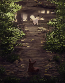 2_horns ambiguous_gender duo feral fur grass hair horn inner_ear_fluff looking_at_another looking_back looking_back_at_another markings multicolored_body multicolored_fur open_mouth outside path plant quadruped reflection short_hair spots spotted_markings tail tuft water white_body white_fur itsdanfango ansel_(itsdanfango) olive_(itsdanfango) bovid caprine deer goat mammal 2017 hi_res