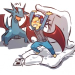 1:1 blue_hair bottomwear clothed clothing cosplay duo feral fully_clothed generation_3_pokemon hair hitec human male mammal membrane_(anatomy) membranous_wings nintendo nude pants pokemon pokemon_(species) pokemon_trainer quadruped ragequit salamence shirt tail topwear wings