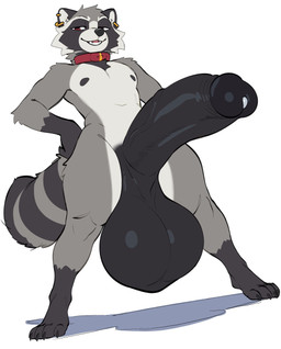 anthro balls big_balls big_penis claws collar ear_piercing ear_ring facial_markings fluffy fluffy_tail fur genitals grey_body grey_fur hands_on_hips hands_on_own_hips head_markings huge_balls huge_penis humanoid_genitalia humanoid_penis hyper hyper_balls hyper_genitalia hyper_penis male markings mask_(marking) nude_anthro nude_male penis piercing ring_piercing scrotum_flap solo striped_markings striped_tail stripes tail tail_markings toe_claws torou mammal procyonid raccoon absurd_res hi_res