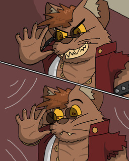 anthro armband bracelet claws clothed clothing coat evil_grin eyewear fangs jewelry male muscular necklace shrinking size_transformation smile solo spiral_pupils sunglasses surprised teeth topwear torn_clothing torn_ear transformation whiskers myaxy domestic_cat felid feline felis mammal 4:5 absurd_res comic hi_res