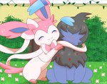 ambiguous/ambiguous ambiguous_gender black_body black_fur blush canid canine comic deino duo eeveelution eyes_closed feral feral_on_feral flower fur generation_5_pokemon generation_6_pokemon hair hair_over_eyes hug jirachicute28_(artist) mammal nintendo plant pokemon pokemon_(species) smile sylveon white_body white_fur