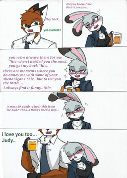 anthro big_breasts blush breasts dialogue drunk duo female interspecies male predator/prey romantic romantic_couple substance_intoxication text pace-maker disney zootopia judy_hopps nick_wilde canid canine fox lagomorph leporid mammal rabbit red_fox true_fox absurd_res comic english_text hi_res
