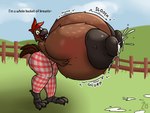 anthro beak big_breasts big_butt big_nipples bodily_fluids bottomwear bragging breasts brown_body brown_feathers butt checkered checkered_clothing clothed clothing detailed_background dialogue feathers feet female fence hair happy holding_breast huge_breasts huge_nipples hyper hyper_breasts inflation lactating looking_at_viewer milk nipples open_beak open_mouth pants pattern_clothing red_hair simple_background smile solo sound_effects standing tail tail_feathers talking_to_viewer talons text thick_thighs toes topless topless_female wings mattthetooncat avian bird chicken galliform gallus_(genus) phasianid 2019 4:3 english_text