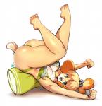 2019 animal_crossing anthro bell big_breasts big_butt bra breasts butt canid canine canis cleavage clothed clothing domestic_dog female fur hair hi_res isabelle_(animal_crossing) kenron_toqueen mammal nintendo open_mouth panties pillow shih_tzu simple_background smile solo thick_thighs toy_dog underwear yellow_body yellow_fur