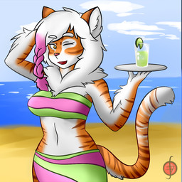 anthro beach beverage braided_hair breasts clothing countershading detailed_background female food fruit hair hand_behind_head lime looking_at_viewer mane one_eye_closed open_mouth outside plant platter sand seaside sky smile solo standing water white_mane thundragon buxbi_(character) felid mammal pantherine tiger 1:1 2014