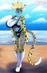 abs anthro beach big_breasts bikini biped blonde_hair breasts cleavage clothed clothing female fur hair markings seaside solo spots spotted_body spotted_fur standing swimwear two-piece_swimsuit yellow_body solratic cheetah felid feline mammal hi_res