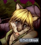 anthro blonde_hair blue_eyes brown_nose car_seat clothing green_clothing green_shirt green_topwear green_trees hair looking_away male night open_mouth purple_sky sharp_teeth shirt sky solo teeth teeth_showing text tongue_showing topwear ayato distasty heathen_city owen_zelazny canid canine canis mammal wolf english_text