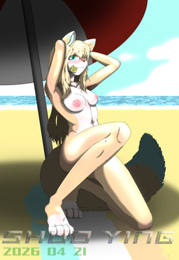 anthro beach breasts female hair nude sand seaside sky smile solo tail water shuoying canid canine canis domestic_dog mammal absurd_res hi_res