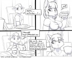 5:4 anthro canid canine clothed clothing comic dialogue duo eating english_text faf fafcomics female food fox furniture greyscale hetty_(faf) jimmy_(faf) male mammal monochrome sitting table text