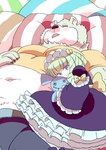 alternative_fashion anthro bed belly clothing doll dress duo female furniture goth gothic_lolita j-fashion lolita_(fashion) male navel overweight sleeping victorian_goth kusarikakemono lifewonders tokyo_afterschool_summoners alice_(tas) jambavan_(tas) bear human mammal