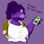 5_fingers anthro beverage_can big_breasts breasts claws clothing dialogue female finger_claws fingers freckled_breasts freckles hair hair_over_eye jacket looking_at_viewer one_eye_obstructed purple_background purple_body purple_eyes purple_hair purple_scales scales simple_background smile snout solo talking_to_viewer text topwear op_gero cavemanon_studios snoot_game fan_character octavia_(op_gero) dinosaur prehistoric_species reptile scalie 2023 absurd_res digital_drawing_(artwork) digital_media_(artwork) english_text hi_res