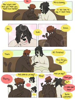 accessory anthro black_body black_fur black_hair blush boop brown_eyes casual_nudity dialogue dreadlocks duo ear_piercing ellipsis eyebrows floppy_ears fur furniture gauged_ear hair hair_accessory hair_over_eye hair_over_eyes hair_ring interrobang male mastectomy_scar nude painting_nails piercing red_hair scar sitting smile sofa tail tail_motion tailwag text tongue tongue_out whisker_spots white_body white_fur p_rindustries anton_(p_rindustries) gale_(p_rindustries) canid canine canis domestic_dog felid herding_dog mammal pantherine pastoral_dog sheepdog 2026 3:4 comic english_text hi_res trans_(lore) trans_man_(lore)