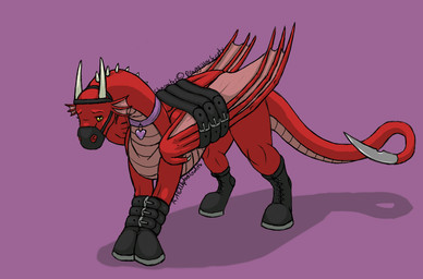 ambiguous_gender arms_tied bdsm bondage_gear bondage_gloves boots bound clothing collar digitigrade ear_frill female feral footwear frill_(anatomy) handwear heart_symbol hoof_boots hoof_gloves horn membrane_(anatomy) membranous_wings muzzle_(object) muzzled petplay pink_collar ponyplay quadruped red_body red_scales roleplay scales shoes shy solo standing submissive submissive_ambiguous tail ventral_scales white_horn wing_bondage wings wings_tied wrists_together alphagodith mythology draggissar_scripty dragon mythological_creature mythological_scalie scalie digital_media_(artwork)
