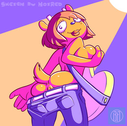 anthro anus belt big_breasts big_butt biped bottomwear bottomwear_down breasts brown_body brown_fur brown_hair butt clothed clothing denim denim_bottomwear denim_clothing electric_guitar female fondling fur genitals guitar hair hand_on_breast holding_breast jeans light lips looking_at_viewer looking_back low-angle_view musical_instrument pants pants_down partially_clothed plucked_string_instrument side_boob smile solo spotlight string_instrument teasing topless undressing vulva bluebreed rockthebull parappa_the_rapper sony_corporation sony_interactive_entertainment um_jammer_lammy lammy_lamb bovid caprine mammal sheep 2015 lighting low_res