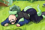 anthro bald ball barefoot big_butt big_tail black_bottomwear black_clothing black_jeans black_pants bottomwear breasts butt clothing cuddling denim denim_bottomwear denim_clothing detailed_background disability duo eyelashes eyes_closed eyewear feet female female_on_top fingers grass green_body green_hair green_scales hair happy inside jacket jeans light-skinned_male light_body light_skin long_tail looking_at_another looking_up lying_on_ground lying_on_partner male male/female motion_lines on_ground on_top pants paraplegic plant scales shirt short_hair smile snout soccer_ball spiked_tail spikes spikes_(anatomy) sunglasses t-shirt tail topwear vehicle wheelchair unlimited-edge cavemanon_studios i_wani_hug_that_gator inco_(iwhtg) olivia_halford baryonyx dinosaur human mammal prehistoric_species reptile scalie spinosaurid theropod 2024 digital_drawing_(artwork) digital_media_(artwork) hi_res