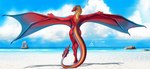 2021 absurd_res anthro beach blonde_hair blue_eyes butt cloud day delta.dynamics detailed_background dragon european_mythology eztli_(user_55) female hair hi_res horn light looking_at_viewer mythological_creature mythological_scalie mythology nude orange_hair pinup pose raised_tail red_body rock scalie sea seaside shore smile solo sunlight tail tail_motion tailwag water western_dragon winged_arms wings wyvern yellow_body