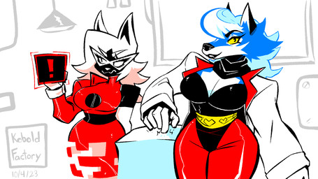 anthro black_body black_eyes blue_body breasts cleavage clothed clothing duo exclamation_point eyewear female glasses machine yellow_sclera kobold_factory beth_(the-hydroxian) kaita_(the-hydroxian) android canid canine canis digital_creature mammal robot wolf 16:9 2023 hi_res widescreen
