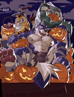 abs anthro axe baseball_cap bedsheet_ghost biceps blood blue_body blue_eyes blue_fur bodily_fluids bottomwear bulge candy clothing costume dessert fake_blood food fruit fur green_body green_fur group hair halloween_costume hat headgear headwear holidays looking_at_viewer lying male multicolored_body multicolored_fur mummy_costume mummy_wrappings muscular muscular_anthro muscular_male night nipples orange_body orange_fur paws pecs plant pumpkin red_eyes shirtless_male shorts sitting smile smiling_at_viewer striped_body striped_fur stripes trio two_tone_body two_tone_fur roosterbliss halloween canid canine canis felid mammal pantherine tiger wolf hi_res