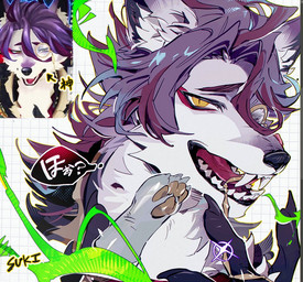 anthro clothing colored_fire eyewear fancy_clothing fire fur gloves green_fire hair handwear looking_at_viewer male monocle multicolored_body multicolored_fur open_mouth purple_body purple_fur solo teeth tongue topwear two_tone_body two_tone_fur white_body white_fur yellow_eyes marusan159 compass_(combat_providence_analysis_system) charles_richter_(compass) canid canine canis mammal wolf 2026 reference_image