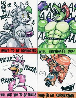 accessory angry anthro armwear beak beakstick belt big_breasts big_butt black_eyes blue_eyes blue_nails bow_tie bracelet breasts brown_body butt clenched_teeth clothed clothing colored_nails covering covering_breasts cross-popping_vein dialogue ear_piercing ear_ring ellipsis eyelashes eyewear facial_markings female front_view furgonomics gesture green_body green_highlights green_nails grey_body grey_hair group hair hair_accessory hand_gesture happy hat head_markings headgear headwear highlights_(coloring) huge_breasts huge_butt jewelry lipstick looking_at_viewer looking_back machine makeup male markings mohawk muscular muscular_male nails non-mammal_breasts open_mouth panties pattern_armwear pattern_clothing piercing pink_bow pink_clothing pink_lipstick pink_panties pink_topwear pink_underwear pointing pointing_at_viewer purple_armwear purple_clothing purple_lipstick rear_view red_armwear red_clothing red_hair red_panties red_underwear ring_piercing sharp_teeth shoulder_pads side_boob simple_background star_sunglasses studded_belt studded_bracelet studded_jewelry studs sunglasses talking_to_viewer teeth text thick_thighs top_hat topless topwear underwear white_background white_body wide_hips yellow_eyes parasitedeath five_nights_at_freddy's five_nights_at_freddy's:_security_breach scottgames steel_wool_studios glamrock_chica glamrock_freddy montgomery_gator roxanne_wolf alligator alligatorid animatronic avian bear bird canid canine canis chicken crocodilian galliform mammal phasianid reptile robot scalie wolf 2022 english_text hi_res meme traditional_media_(artwork)