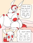 absurd_res anthro bed bedroom big_breasts bodily_fluids breasts comic dialogue english_text erect_nipples female furniture genital_fluids genitals hi_res huge_breasts hybrid lagomorph leporid looking_up machine mammal mom_bot_(rexon02) nipples nude open_mouth orgasm profanity pussy rabbit rexon02 robot solo speech_bubble text thick_thighs vaginal_fluids white_body wide_hips