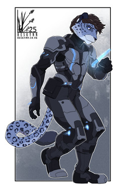 anthro armor bag biped black_nose blue_eyes brown_hair countershading fur geometric_background grey_body grey_countershading grey_fur hair holographic_screen logo looking_aside male male_anthro satchel science_fiction short_hair simple_background solo text three-quarter_view walking whiskers heskynn felid mammal pantherine snow_leopard digital_drawing_(artwork) digital_media_(artwork) full-length_portrait hi_res portrait url