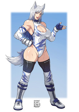 armwear big_breasts blue_eyes boots breasts cleavage cleavage_cutout clothed clothing collar cutout elbow_gloves elbow_pads female fingerless_gloves footwear gloves grey_hair hair handwear jacket knee_pads legwear leotard long_hair looking_at_viewer open_mouth shirt shoes sleeveless_jacket solo tail tank_top thigh_highs topwear cirenk animal_humanoid canid canid_humanoid canine canine_humanoid humanoid mammal mammal_humanoid wolf_humanoid 2025 absurd_res hi_res