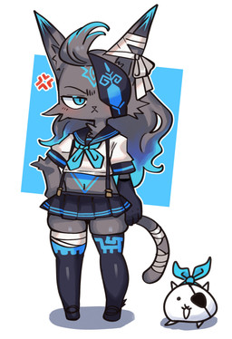 :3 :< ambiguous_feral ambiguous_gender annoyed anthro arm_tuft bandage bangs blue_body blue_eyes blue_fur blue_hair blush blush_lines bow_accessory bow_tie chest_tuft clothing cross-popping_vein dot_eyes duo ear_wraps elbow_tuft eye_patch eyebrows eyelashes eyewear facial_markings facial_tuft female female_anthro female_focus feral fur grey_body grey_fur grey_hair hair hand_on_hip head_empty head_markings inner_ear_fluff legwear long_hair looking_at_viewer lying markings mature_anthro mature_female multicolored_hair navel navel_markings on_front one_eye_obstructed open_mouth pose pupils school_uniform shoes_on simple_background simple_eyes slit_pupils solo_focus squish suspenders tail tail_wraps thigh_highs thigh_squish tuft two_tone_hair uniform wraps ebora ponos_corp. the_battle_cats basic_cat d'arktanyan_(the_battle_cats) domestic_cat felid feline felis mammal 2025 absurd_res colored digital_drawing_(artwork) digital_media_(artwork) full-length_portrait hi_res portrait shaded