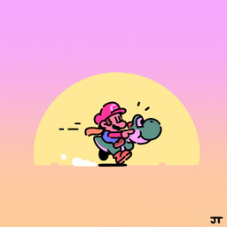 ambiguous_gender anthro black_eyes blue_clothing brown_hair clothing duo emanata facial_hair footwear gesture green_body green_tail hair hand_gesture hat headgear headwear male multicolored_body mustache pointing red_clothing shoes smile sunset tail white_body james_turner mario_bros nintendo mario green_yoshi human mammal scalie yoshi 1:1 2024 digital_media_(artwork) hi_res signature