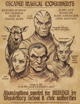 2_horns ambiguous_gender clothed clothed_female clothed_humanoid clothed_male clothing empty_eyes eyebrows facial_markings fangs female feral front_view fur furrowed_eyebrows group hair head_horn head_markings head_scar horn humanoid_pointy_ears looking_at_viewer male markings medium_hair mouth_closed overbite pointy_ears scar simple_background snout surgical_scar tan_background teeth text topwear wanted_poster christopher_stoll cervine deer elf elk humanoid mammal tiefling 2023 bust_portrait digital_drawing_(artwork) digital_media_(artwork) english_text hi_res monochrome portrait sepia