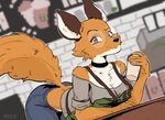 anthro apron blurred_background bottomwear clothing coffee_cup coffee_shop container cup denim denim_bottomwear denim_clothing eyewear female fluffy fluffy_tail fur glasses jeans leaning leaning_forward leaning_on_counter orange_body orange_fur pants rey_(other_side) solo tail fefece other_side rey_(animatedmau) canid canine fox mammal colored