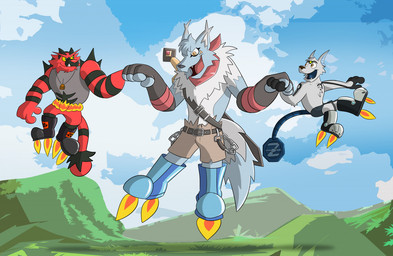 anthro black_boots black_clothing black_footwear blue_body blue_fur boots bottomwear clothing flying footwear fur grass_field group hand_holding male male/male red_scarf rocket_boots scarf sheathed_sword shoes shorts sky skyscape trio overkelion bandai_namco digimon nintendo pokemon cirrusmon tahu_(incineroar) zalno generation_7_pokemon incineroar pokemon_(species)