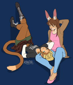 anthro biped bottomwear breasts claws clothed clothed_anthro clothed_female clothing countershade_torso countershading duo female fingers front_view fully_clothed fully_clothed_anthro fully_clothed_female fur hair looking_at_viewer lying on_back sitting tail topwear kittydee haplorhine lagomorph leporid mammal monkey primate rabbit 2026 alpha_channel digital_drawing_(artwork) digital_media_(artwork) hi_res