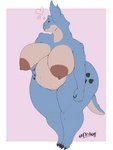 3:4 absurd_res anthro anthrofied areola big_areola big_breasts blue_body blue_scales bodily_fluids border breasts brown_areola brown_nipples claws curvy_figure dizzyknight female generation_1_pokemon half-closed_eyes hand_on_belly heart_symbol hi_res huge_breasts lactating lipstick looking_aside looking_away makeup mature_anthro mature_female narrowed_eyes nicolette_(dizzyknight) nidoqueen nintendo nipples nude pink_background pokemon pokemon_(species) pokemorph pregnant pregnant_anthro pregnant_female scales simple_background smile solo thick_thighs voluptuous white_border wide_hips