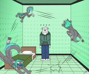 anthro bed blue_bottomwear blue_clothing blue_jeans blue_pants bottomwear bouncing_on_wall clothing denim denim_bottomwear denim_clothing duo female furniture green_clothing green_hoodie green_topwear hair hoodie jeans male pants silly_face teal_hair topwear denic aqua_(swartzfox) bear canid canine fennec_fox fox mammal polar_bear true_fox ursine hi_res