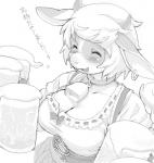 alcohol anthro barmaid beer beverage big_breasts black_and_white blush bovid bovine breasts cattle cleavage clothed clothing collar cowbell digital_media_(artwork) dirndl ear_piercing eyes_closed female food hair happy heart_symbol high-angle_view horn japanese_text kemono kikurage mammal monochrome open_mouth piercing ribbons shaded short_hair simple_background slightly_chubby smile solo text translated ushi white_background
