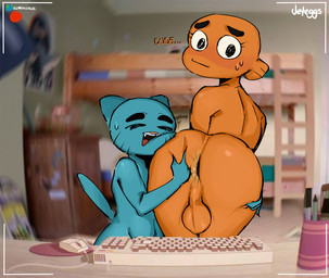 anus bedroom big_butt blue_body blue_fur blush bodily_fluids butt butt_grab desk dialogue duo eyes_closed fangs fin fur furniture genitals hand_on_butt happy leg_grab looking_at_viewer looking_back male male/male nude nude_male open_mouth orange_body orange_skin penis recording shota sweat sweatdrop table tail tail_genitals tail_penis teeth text thick_thighs unusual_anatomy unusual_genitalia_placement unusual_penis_placement unusual_tail wide_hips young jeteggs cartoon_network the_amazing_world_of_gumball darwin_watterson gumball_watterson aquatic domestic_cat felid feline felis fish mammal absurd_res english_text hi_res